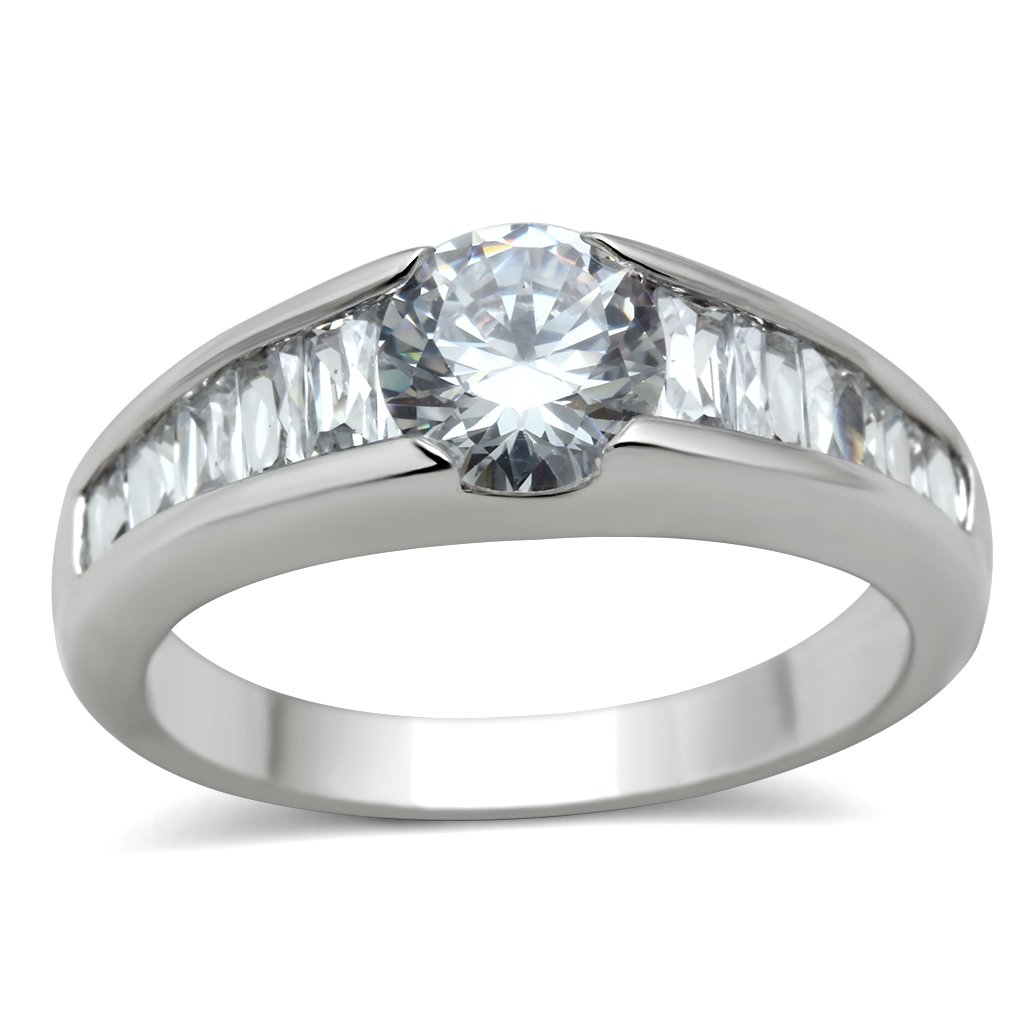 3W133 Rhodium Brass Ring featuring a clear AAA Grade CZ stone, showcasing its elegant design and shiny rhodium finish.