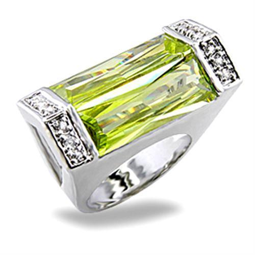 5X006 Rhodium Brass Ring featuring a vibrant synthetic Peridot stone, elegantly designed for style and durability.