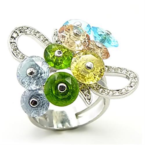 6X029 Rhodium Brass Ring featuring multi-color AAA Grade CZ stones, showcasing its elegant design and brilliant shine.