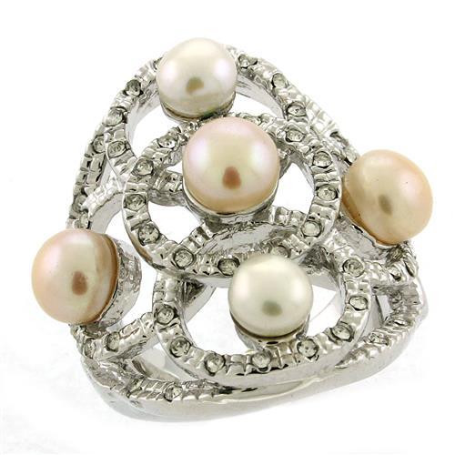 6X087 Rhodium Brass Ring featuring a multi-colored semi-precious pearl, showcasing elegance and style.