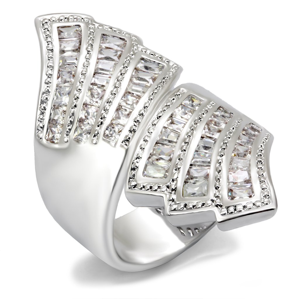 7X108 Rhodium Brass Ring featuring AAA Grade clear CZ stones, showcasing its elegant design and sparkling finish.