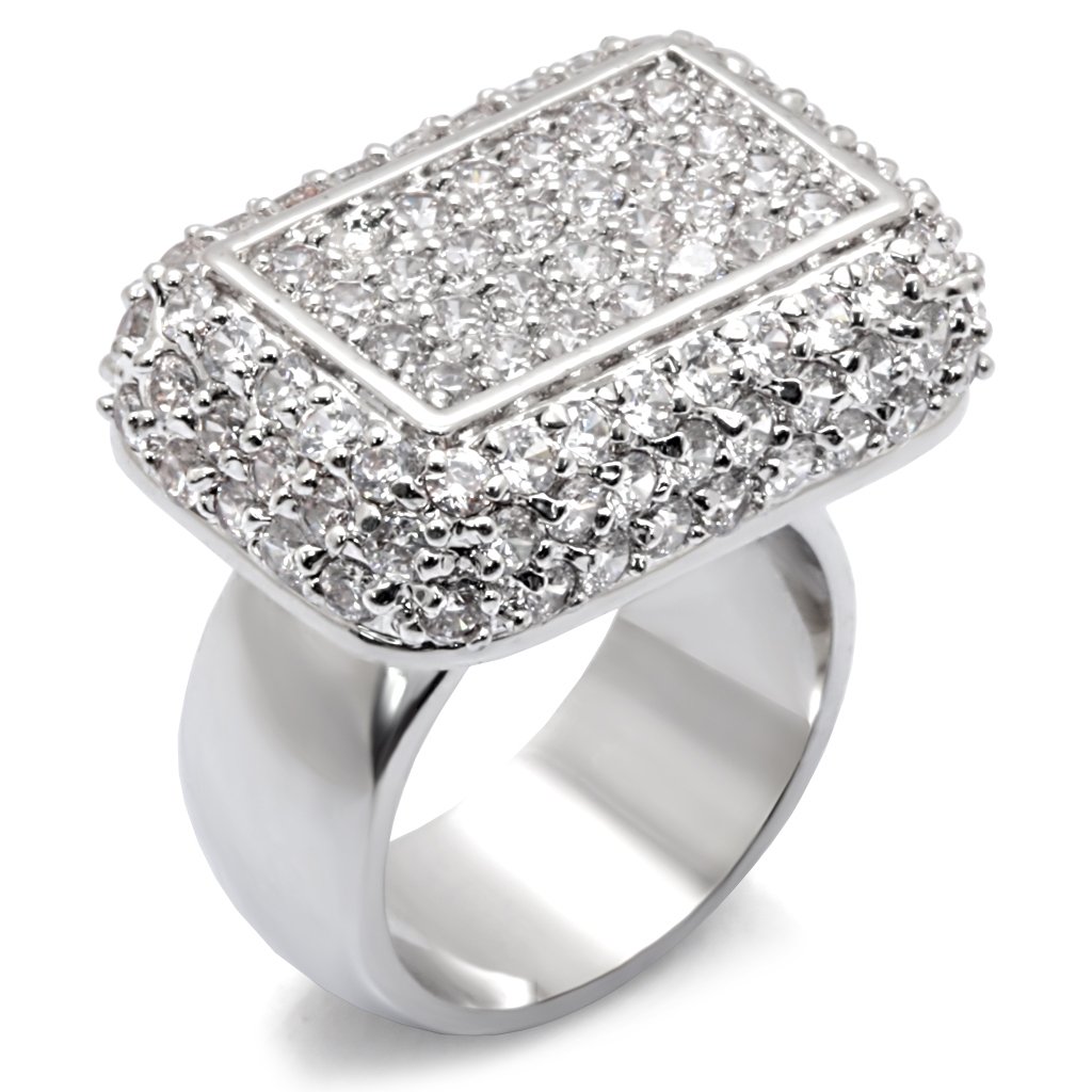 7X196 Rhodium 925 Sterling Silver Ring featuring AAA Grade clear CZ stones, showcasing its elegant design and shiny finish.