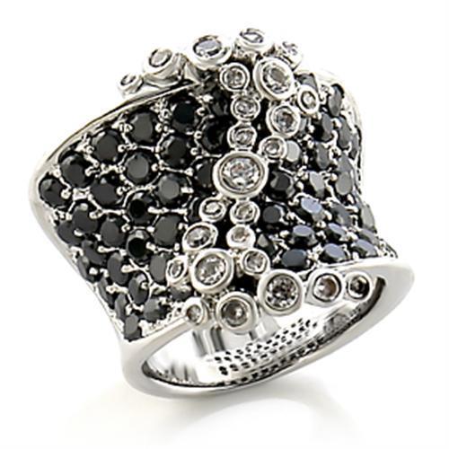 8X139 Rhodium Brass Ring featuring AAA Grade CZ stone in jet color, showcasing its elegant design and luxurious finish.