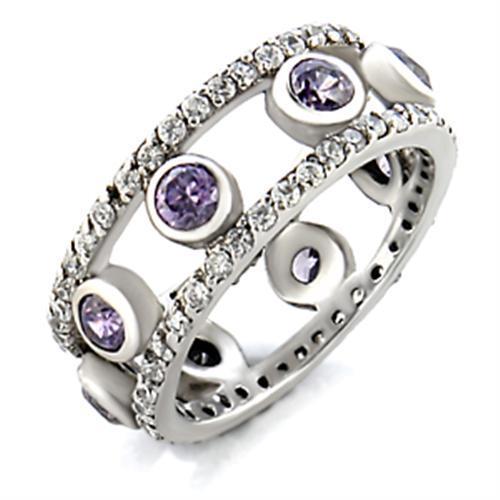 9W078 Rhodium Brass Ring featuring a round AAA Grade CZ stone in Amethyst color, showcasing its elegant design and craftsmanship.