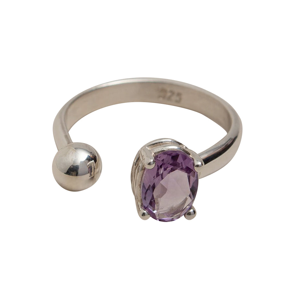 A beautiful Amethyst Ball Ring featuring a sparkling open wrap design, crafted from amethyst and sterling silver, showcasing its unique craftsmanship.