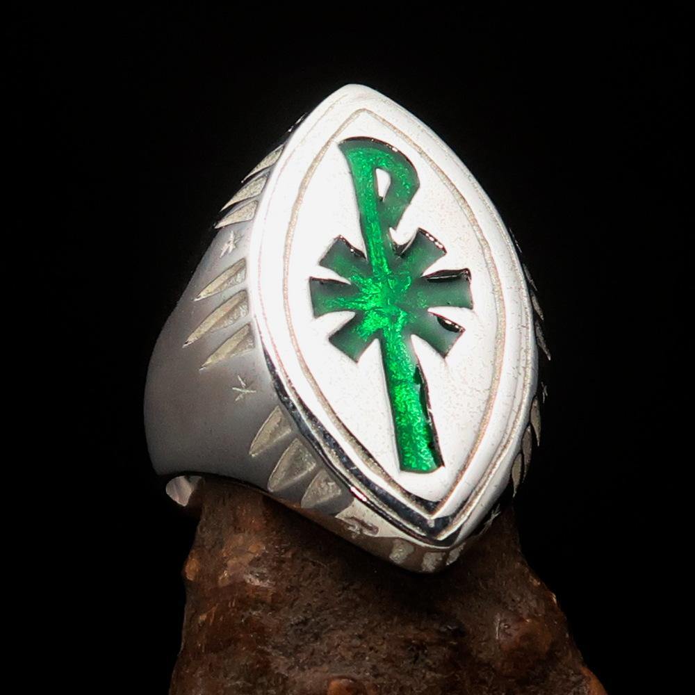 Ancient Men's Christian Monogram Cross Ring featuring green Chi Rho XP design, crafted in solid sterling silver with high polished finish.