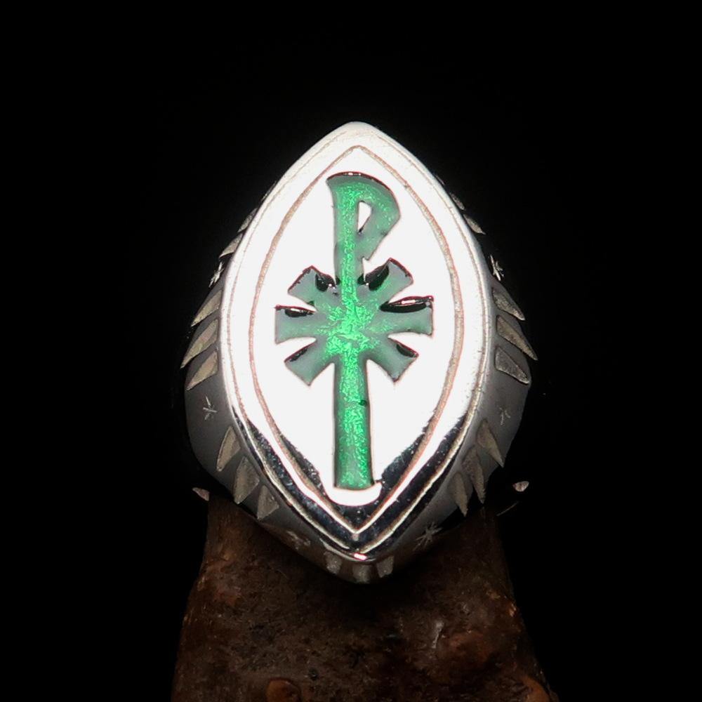 Ancient Men's Christian Monogram Cross Ring featuring green Chi Rho XP design, crafted in solid sterling silver with high polished finish.