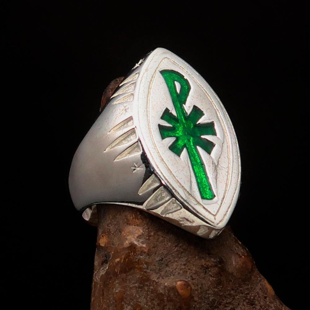 Ancient Men's Christian Monogram Cross Ring featuring green Chi Rho XP design, crafted in solid sterling silver with high polished finish.