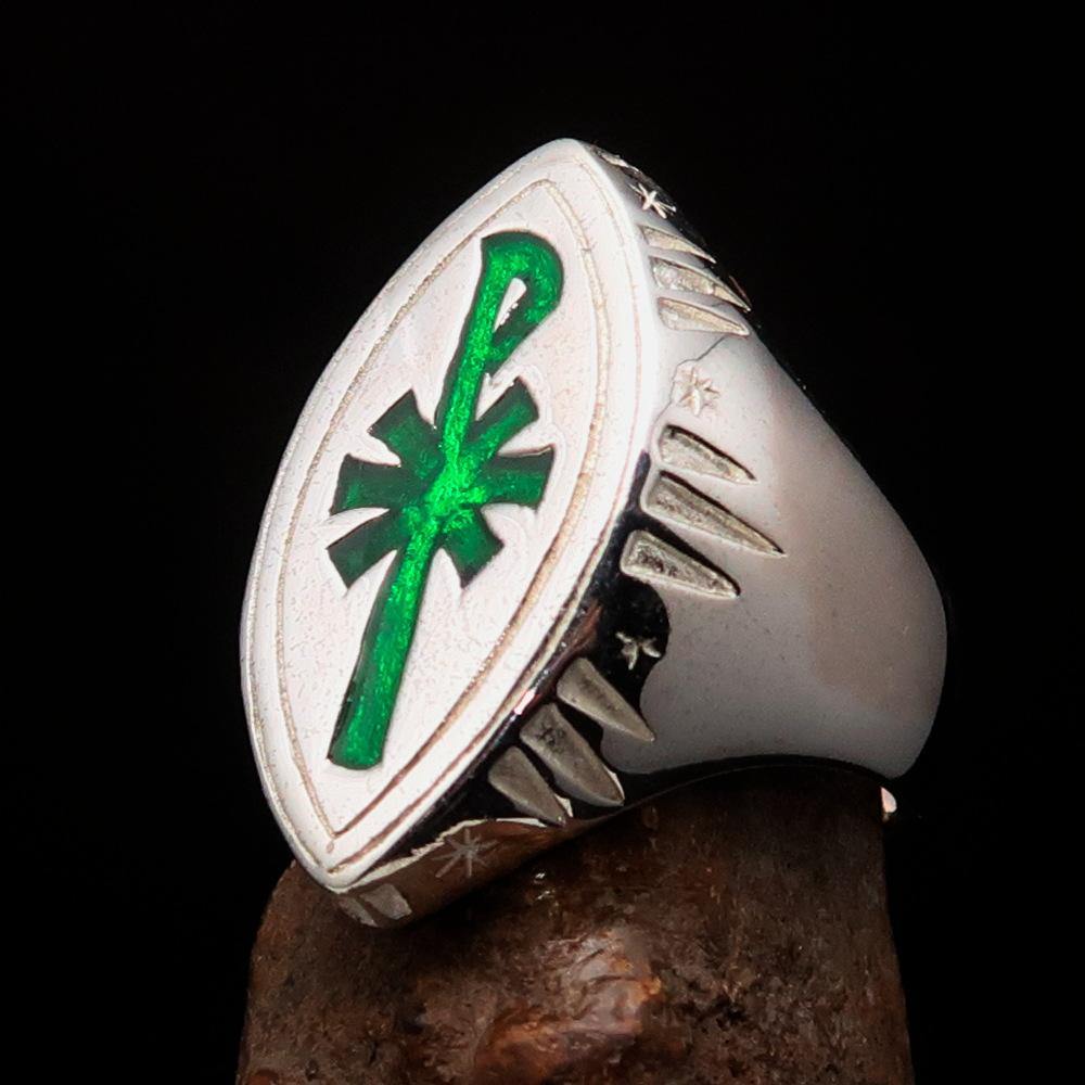 Ancient Men's Christian Monogram Cross Ring featuring green Chi Rho XP design, crafted in solid sterling silver with high polished finish.