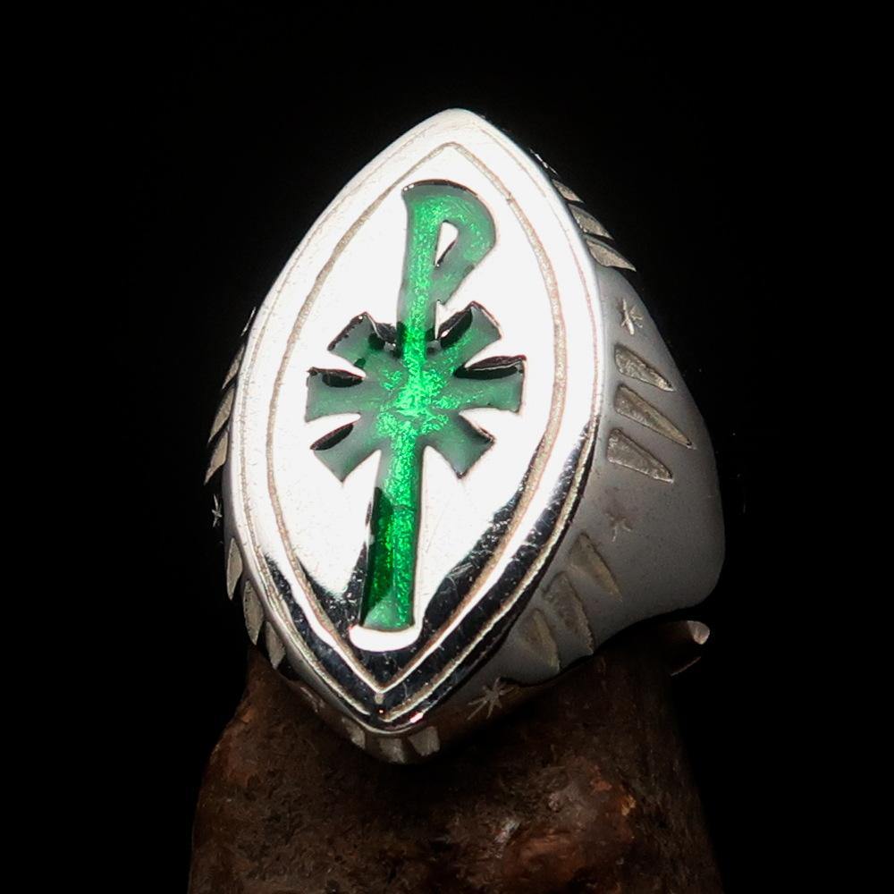 Ancient Men's Christian Monogram Cross Ring featuring green Chi Rho XP design, crafted in solid sterling silver with high polished finish.