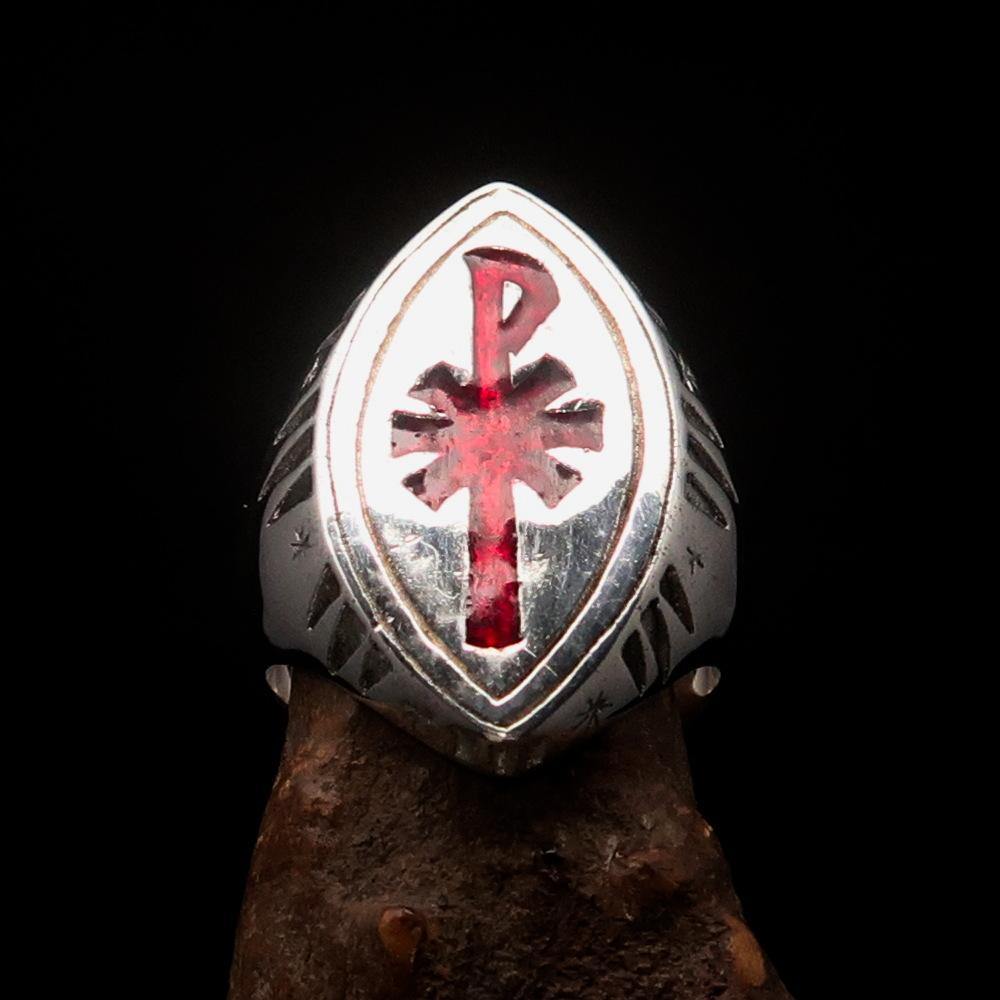 Ancient Men's Christian Monogram Cross Ring in sterling silver with red Chi Rho design, showcasing high polish and enamel finish.