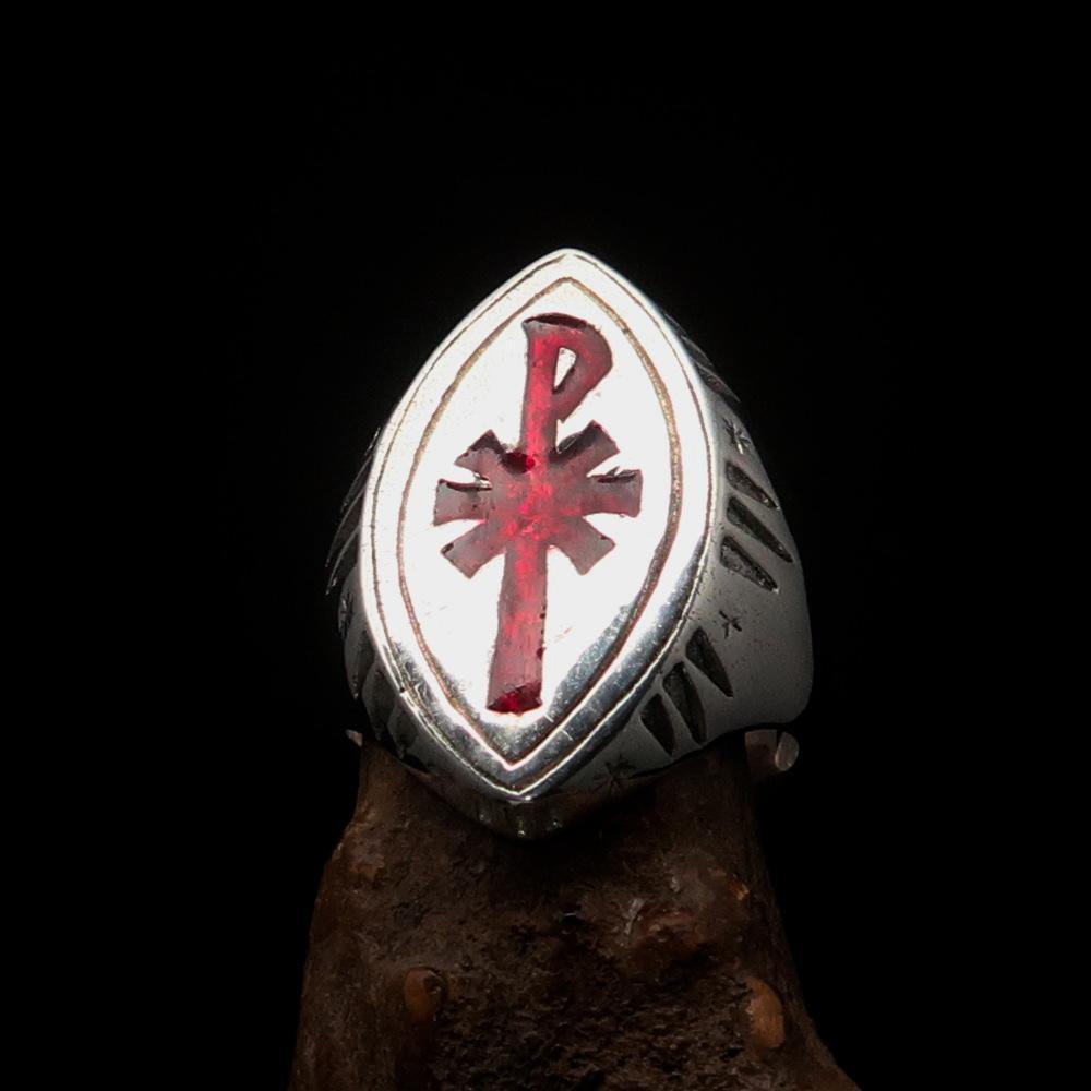 Ancient Men's Christian Monogram Cross Ring in sterling silver with red Chi Rho design, showcasing high polish and enamel finish.