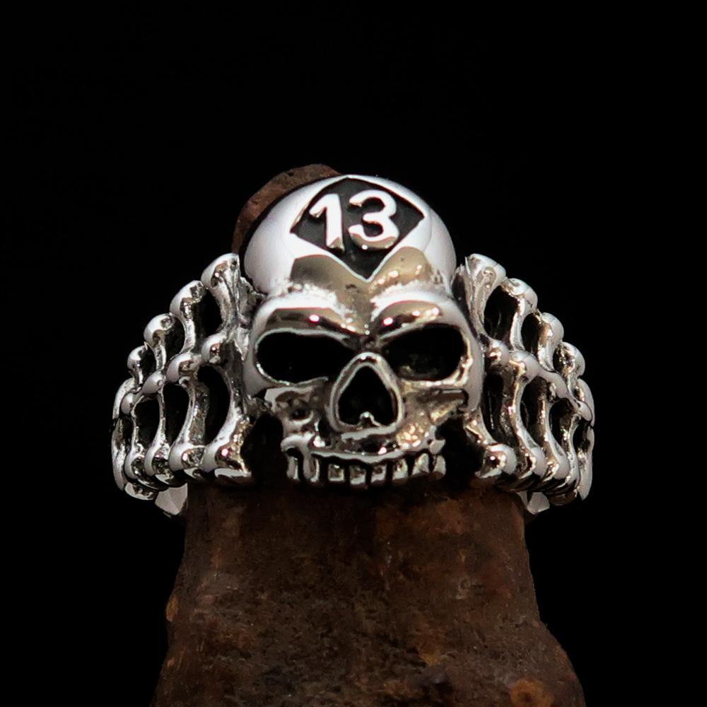 Antiqued Men's Number 13 Skull and Bones Ring made of sterling silver, featuring a unique skull design with an antiqued finish.