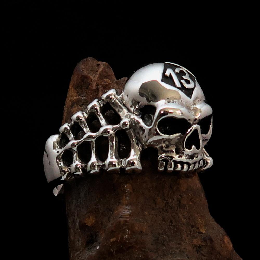 Antiqued Men's Number 13 Skull and Bones Ring made of sterling silver, featuring a unique skull design with an antiqued finish.