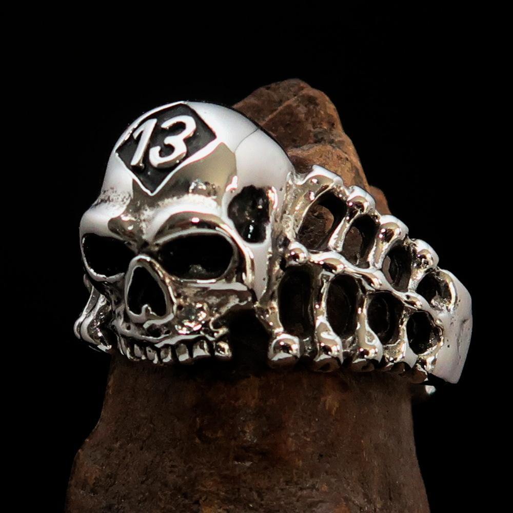 Antiqued Men's Number 13 Skull and Bones Ring made of sterling silver, featuring a unique skull design with an antiqued finish.