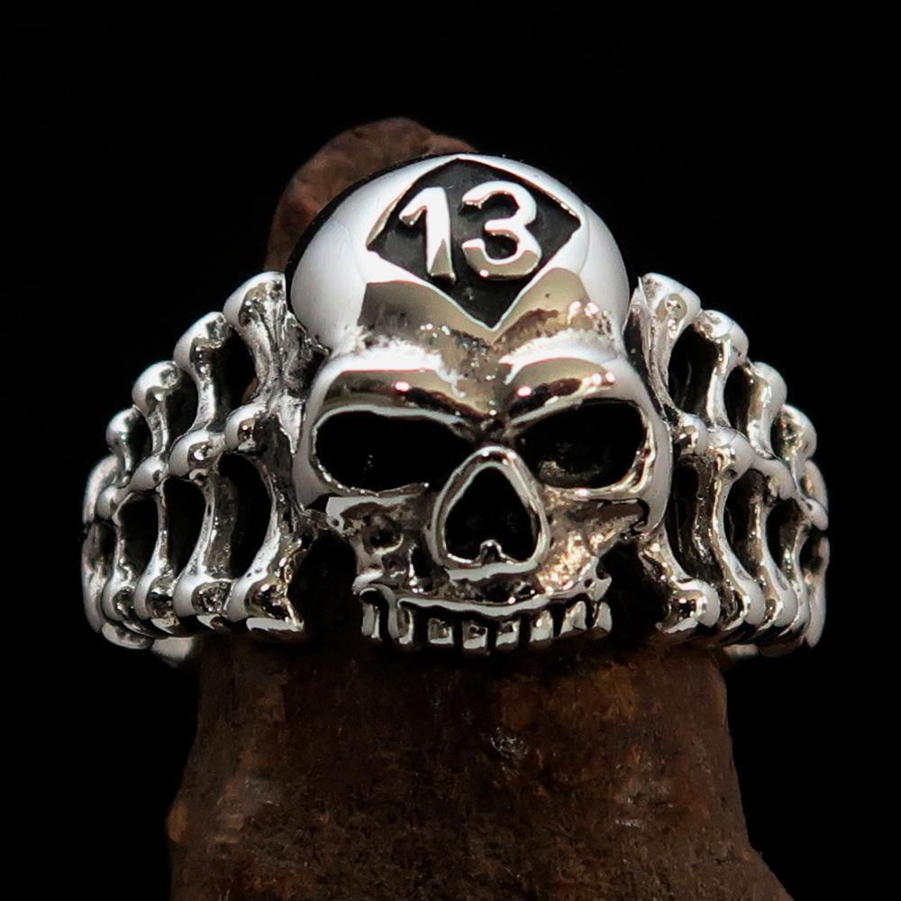 Antiqued Men's Number 13 Skull and Bones Ring made of sterling silver, featuring a unique skull design with an antiqued finish.