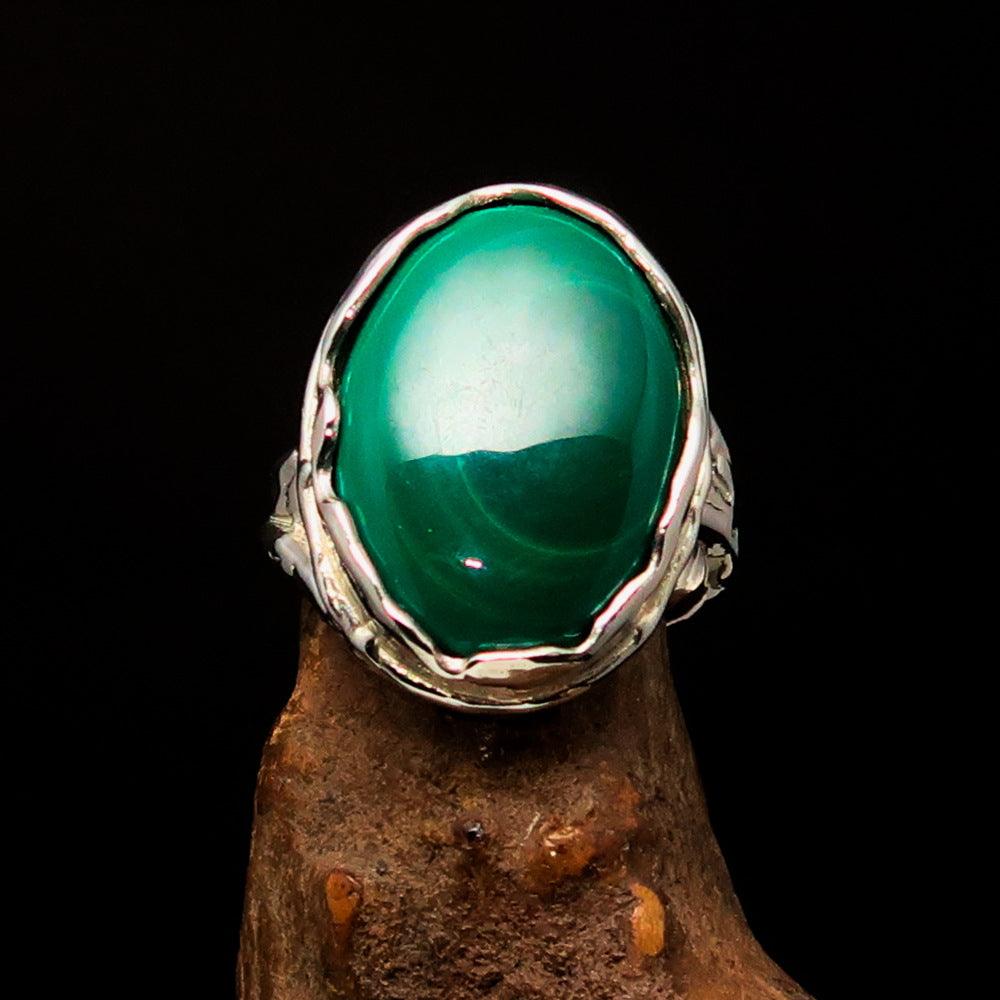 Sterling Silver Ring featuring an oval Green Malachite gemstone, size 10.5, polished finish.