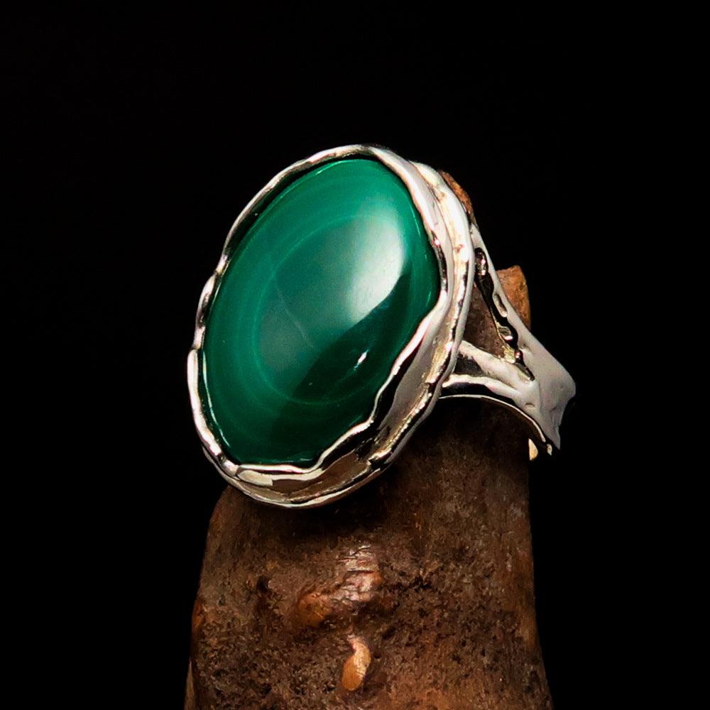 Sterling Silver Ring featuring an oval Green Malachite gemstone, size 10.5, polished finish.