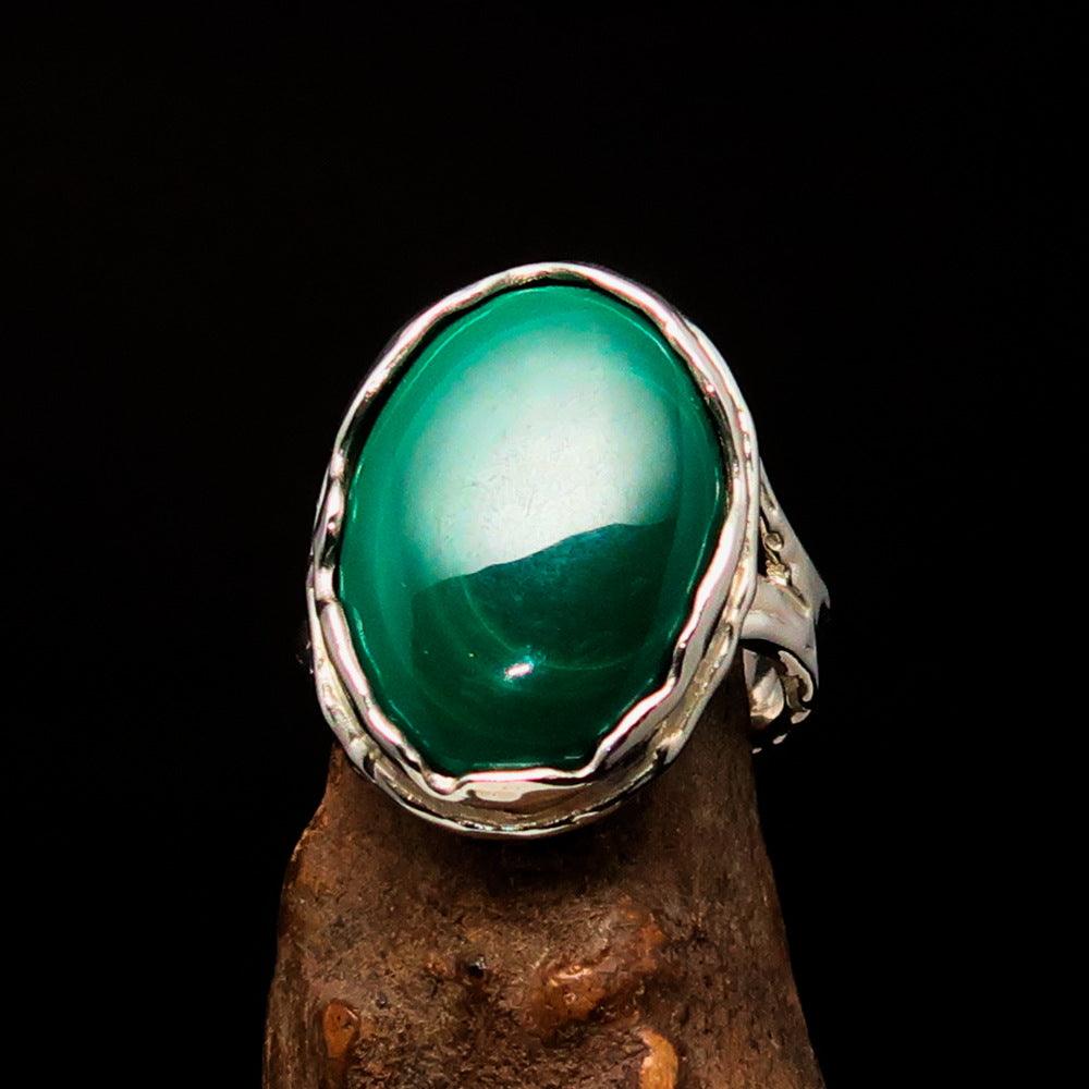 Sterling Silver Ring featuring an oval Green Malachite gemstone, size 10.5, polished finish.