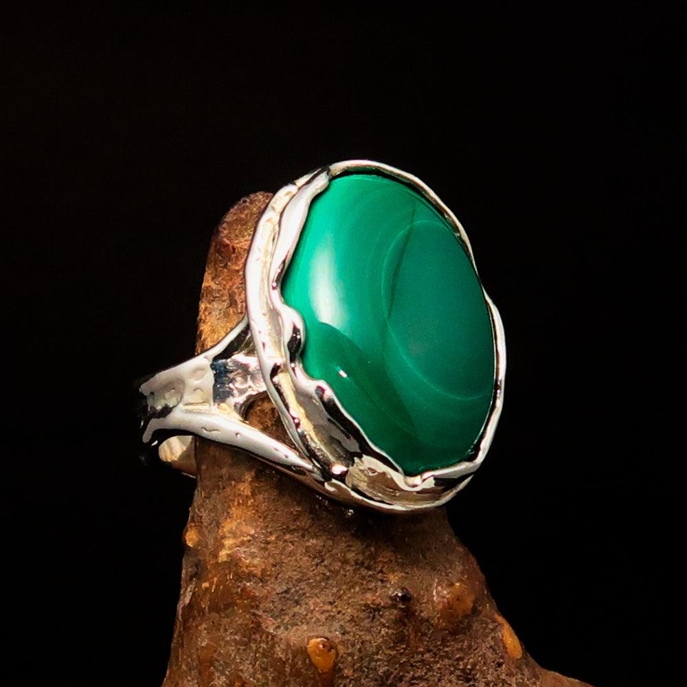 Sterling Silver Ring featuring an oval Green Malachite gemstone, size 10.5, polished finish.