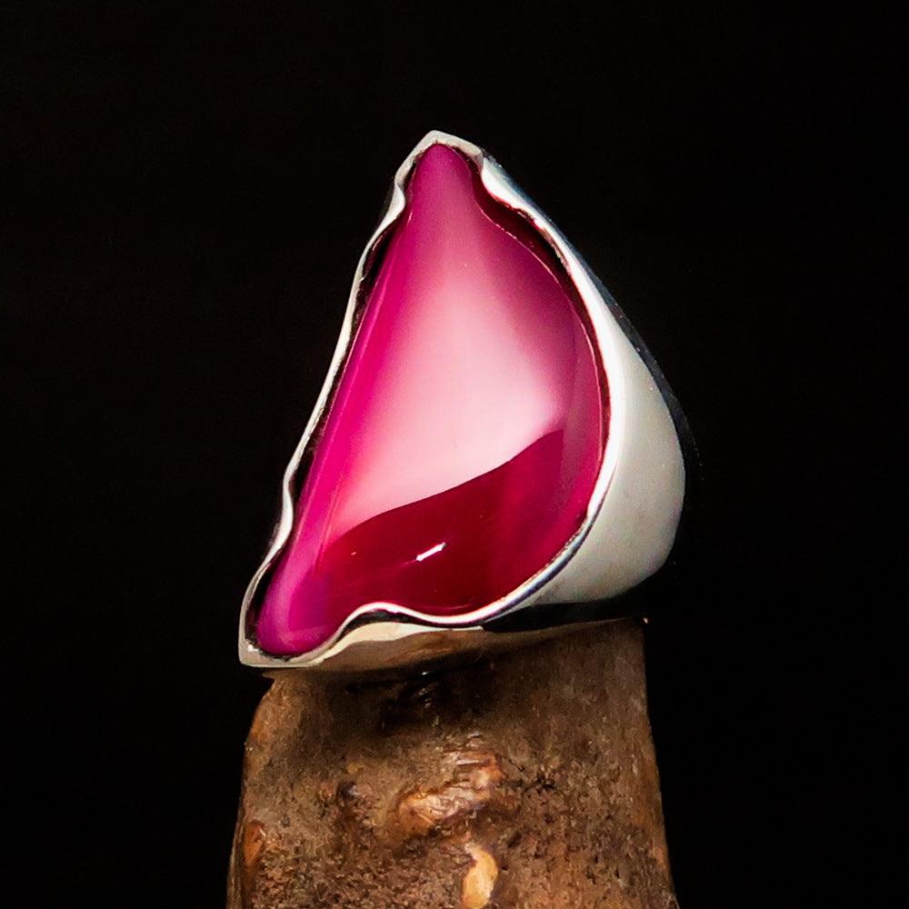 Asymmetric Sterling Silver Ring featuring a fancy shaped pink Agate Cabochon, showcasing its unique design and polished finish.