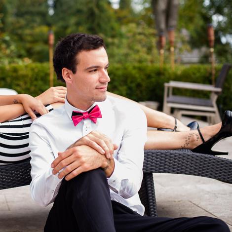 A stylish Black & Fuchsia Hot Pink Butterfly Bow Tie with vibrant colors and elegant design, perfect for formal occasions.