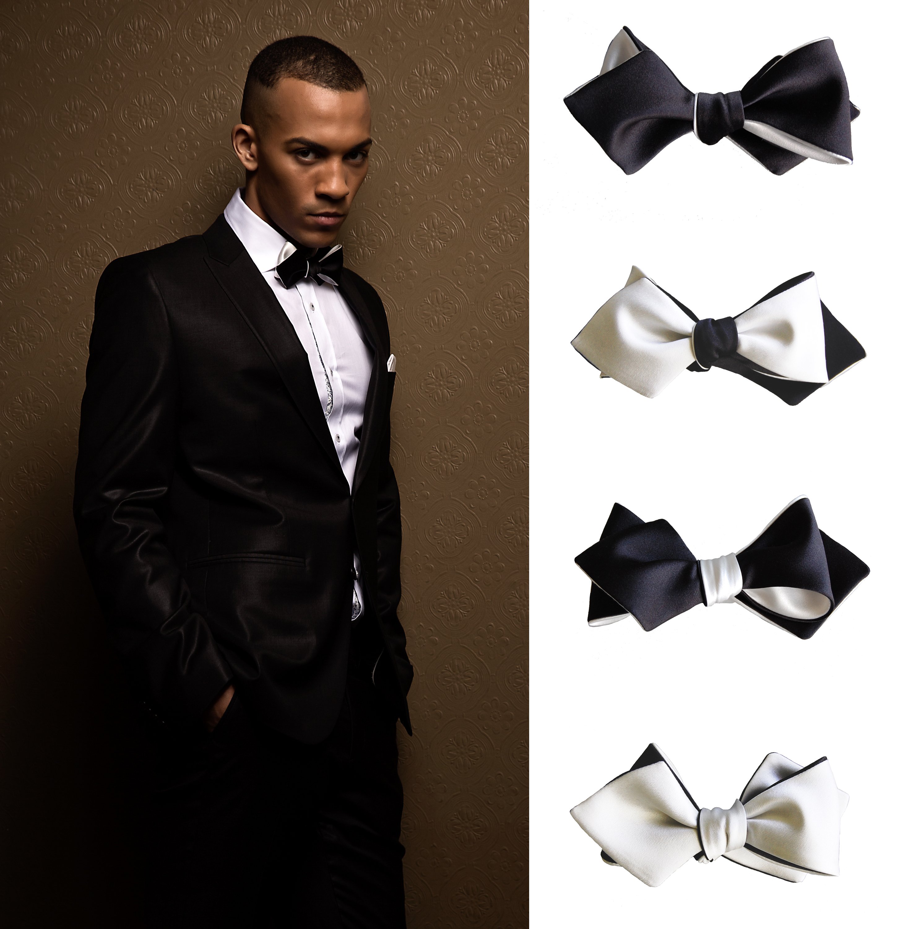 A stylish black and white diamond point bow tie, showcasing its elegant pattern and high-quality fabric.