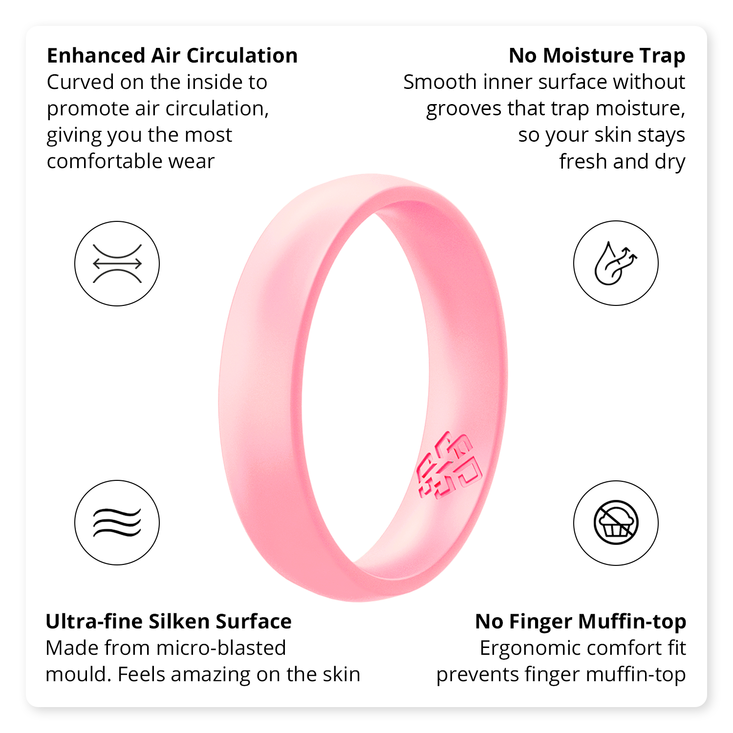 Blush rose gold silicone ring for women, featuring a sleek bevel design and breathable comfort fit.