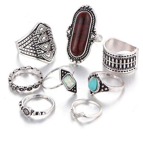 A beautiful Boho Ring Set featuring 8 rings made from natural and glass stones, crafted in high-quality zinc alloy.