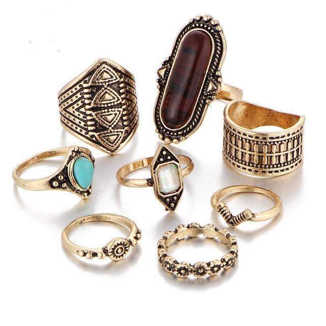 A beautiful Boho Ring Set featuring 8 rings made from natural and glass stones, crafted in high-quality zinc alloy.