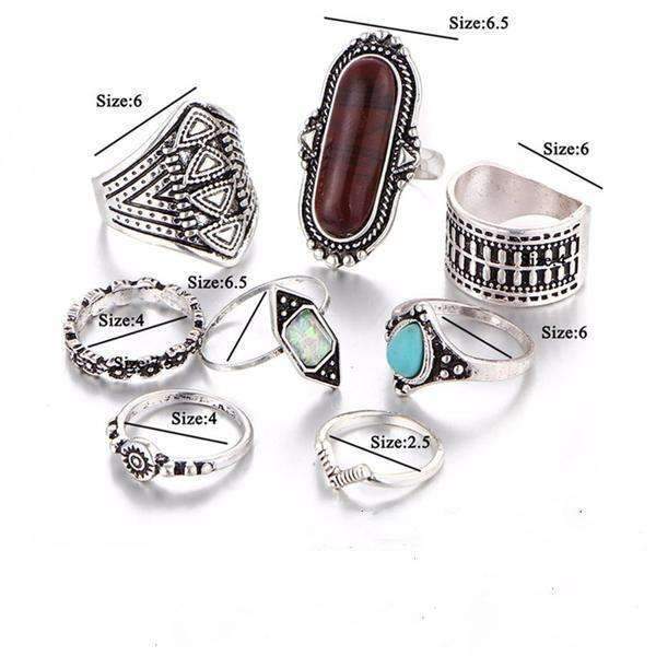 A beautiful Boho Ring Set featuring 8 rings made from natural and glass stones, crafted in high-quality zinc alloy.