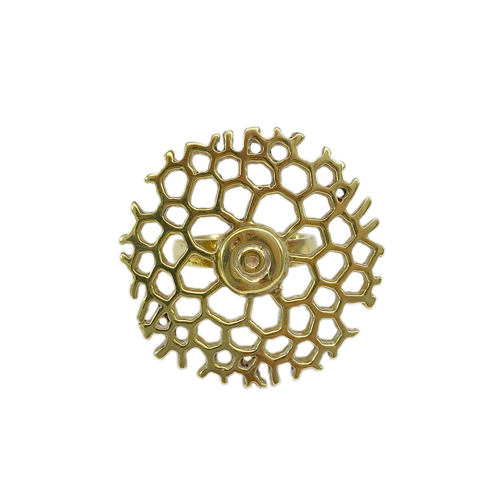 Gold ring with honeycomb design.