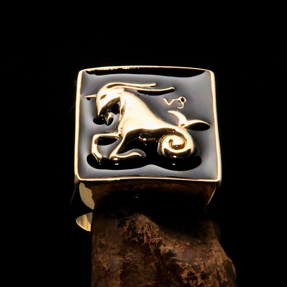 Brass Men's Zodiac Ring featuring Capricorn symbol with a polished black enamel finish, showcasing its elegant design.