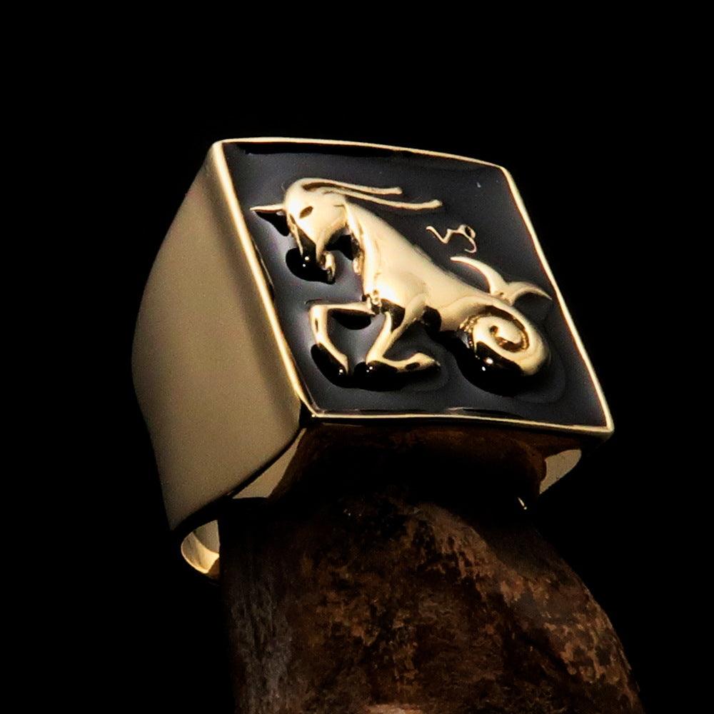 Brass Men's Zodiac Ring featuring Capricorn symbol with a polished black enamel finish, showcasing its elegant design.