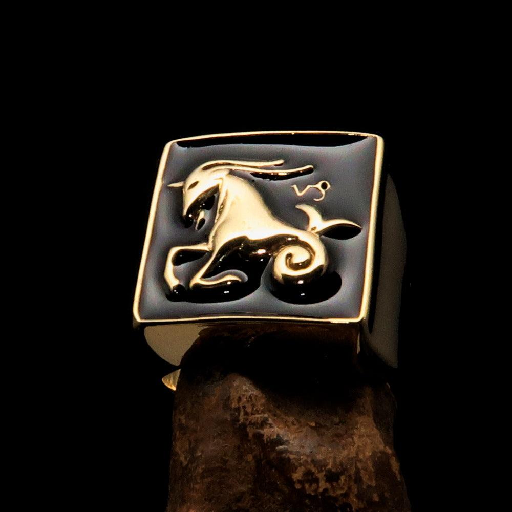 Brass Men's Zodiac Ring featuring Capricorn symbol with a polished black enamel finish, showcasing its elegant design.