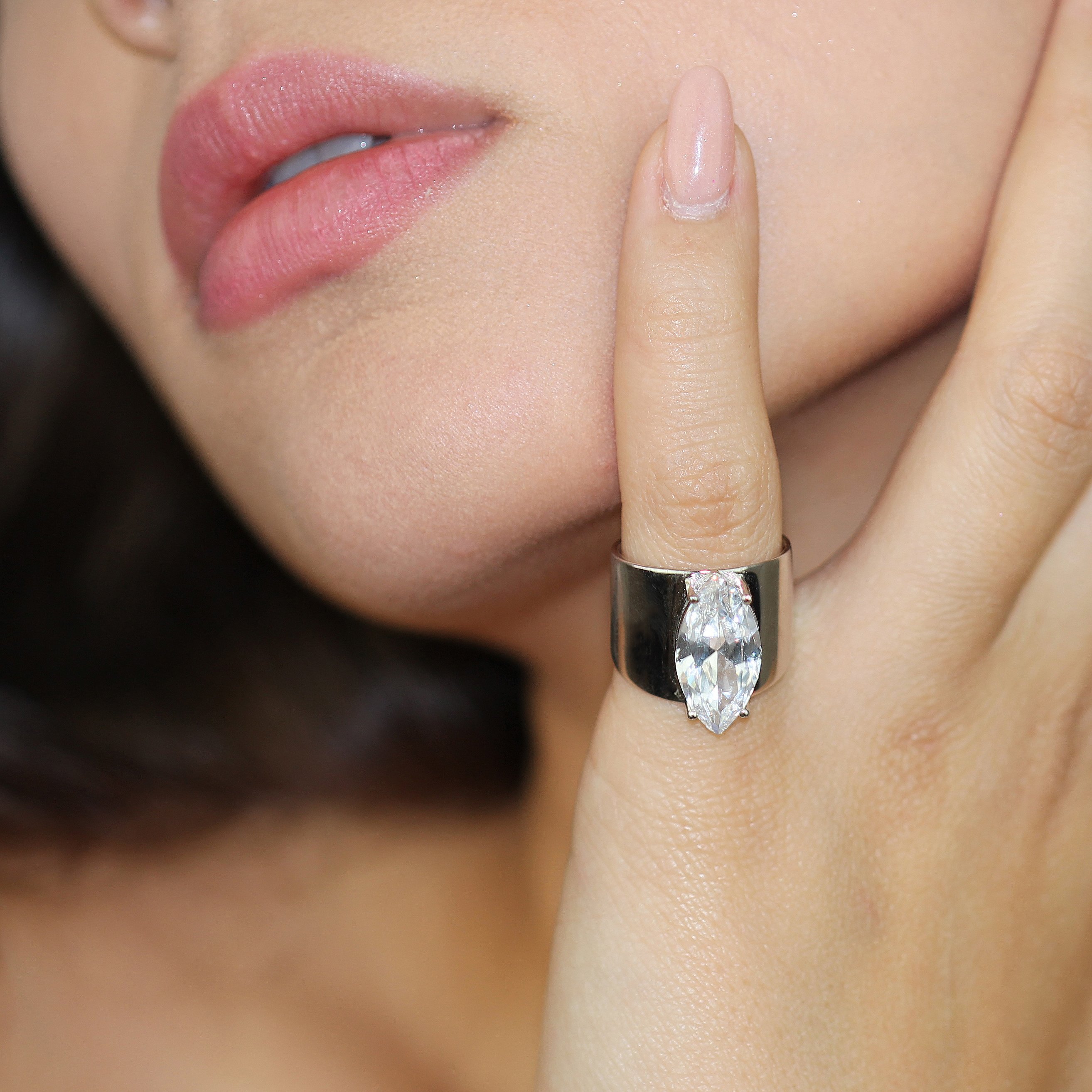 Cigar Band CZ Ring made of solid 925 sterling silver with a large cubic zirconia stone, elegantly designed for vintage appeal.