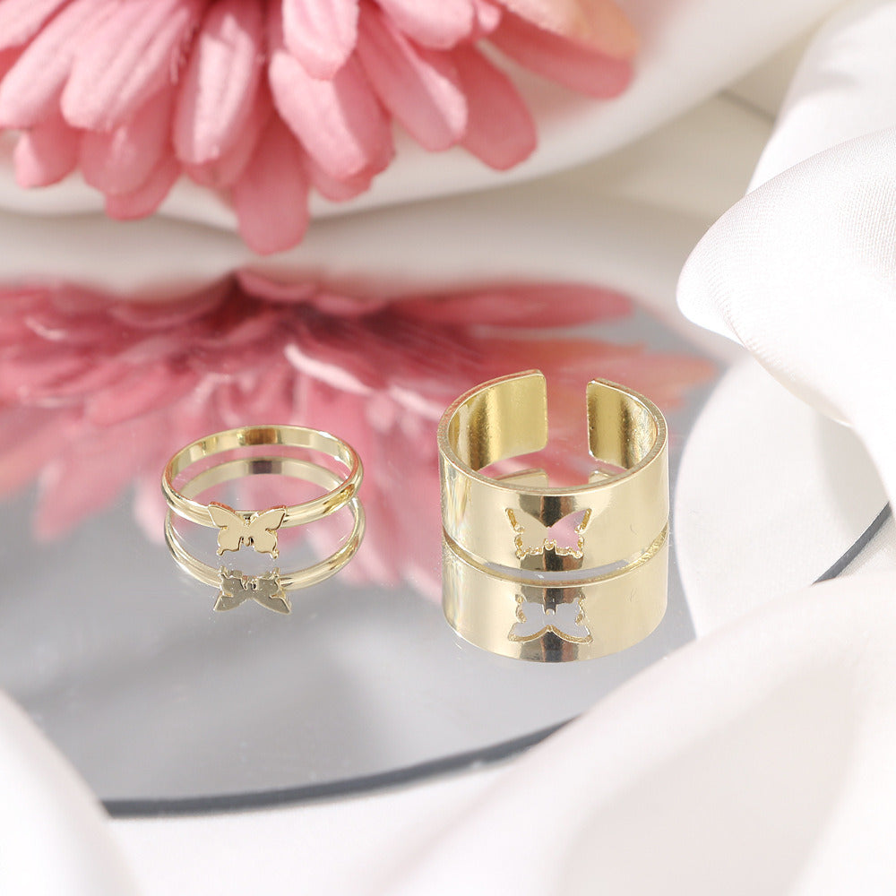 Creative Personality Butterfly 2-Piece Set featuring adjustable open rings in gold and silver, designed for couples with a punk style.