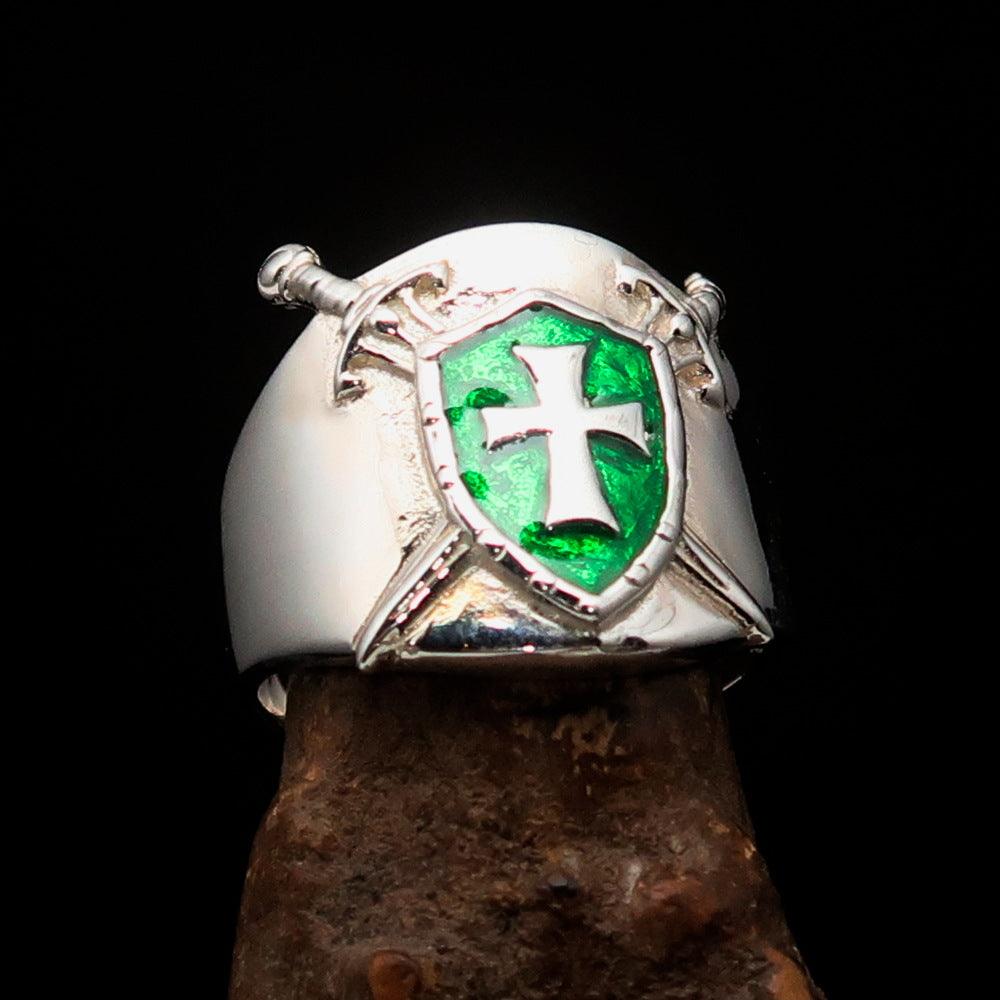 Crossed Swords Men's Knights Templar Cross Ring in sterling silver with green enamel detailing, showcasing its intricate design and high polish.