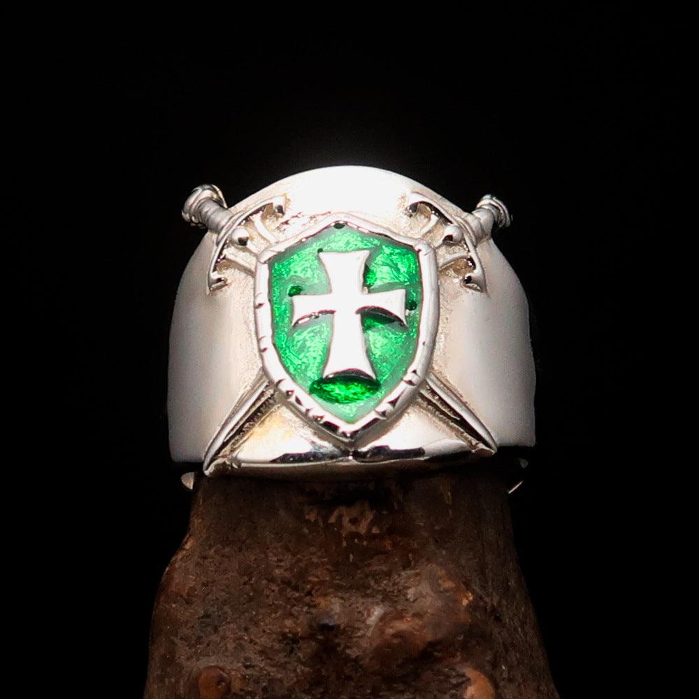 Crossed Swords Men's Knights Templar Cross Ring in sterling silver with green enamel detailing, showcasing its intricate design and high polish.