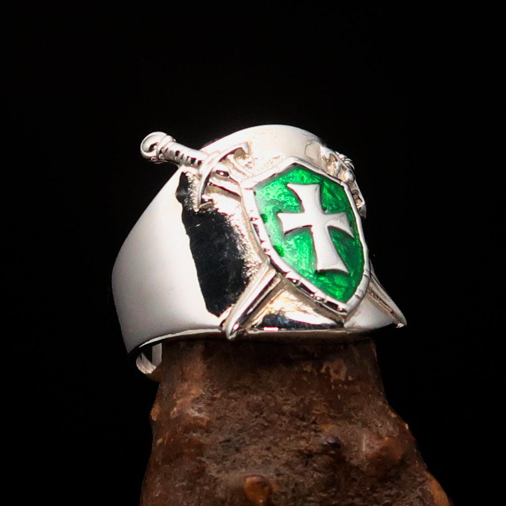 Crossed Swords Men's Knights Templar Cross Ring in sterling silver with green enamel detailing, showcasing its intricate design and high polish.