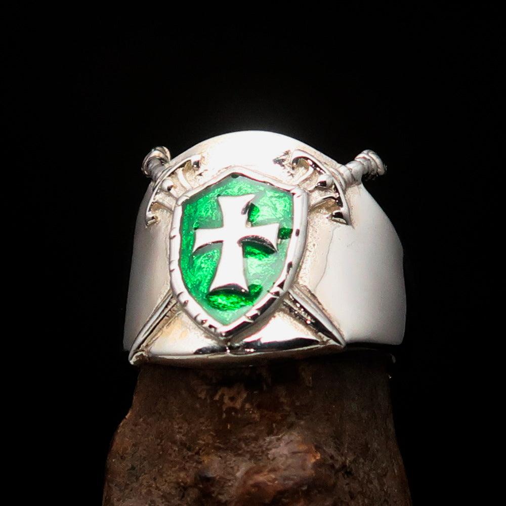 Crossed Swords Men's Knights Templar Cross Ring in sterling silver with green enamel detailing, showcasing its intricate design and high polish.