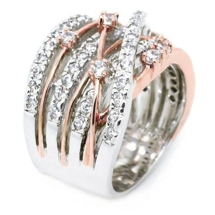 Elegant Crystal Crossover Ring in silver and rose gold tones, featuring sparkling crystals and a unique crossover design.