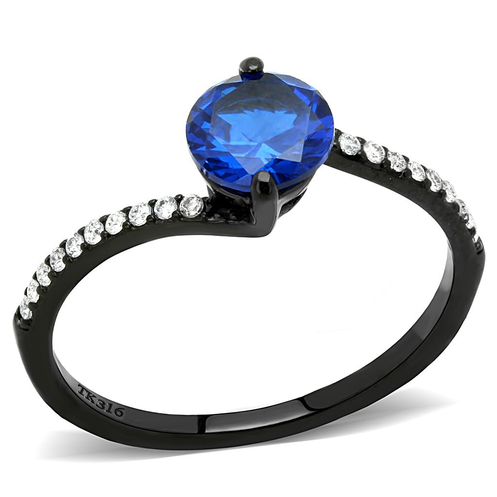 DA012 IP Black Stainless Steel Ring featuring a round London Blue Spinel stone, showcasing a sleek black ion plating finish.