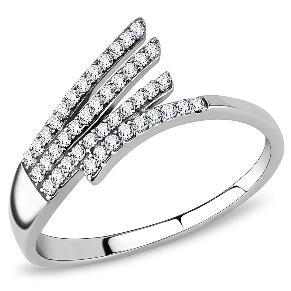 DA043 High Polished Stainless Steel Ring featuring a clear AAA Grade CZ stone, showcasing its elegant design and shiny finish.