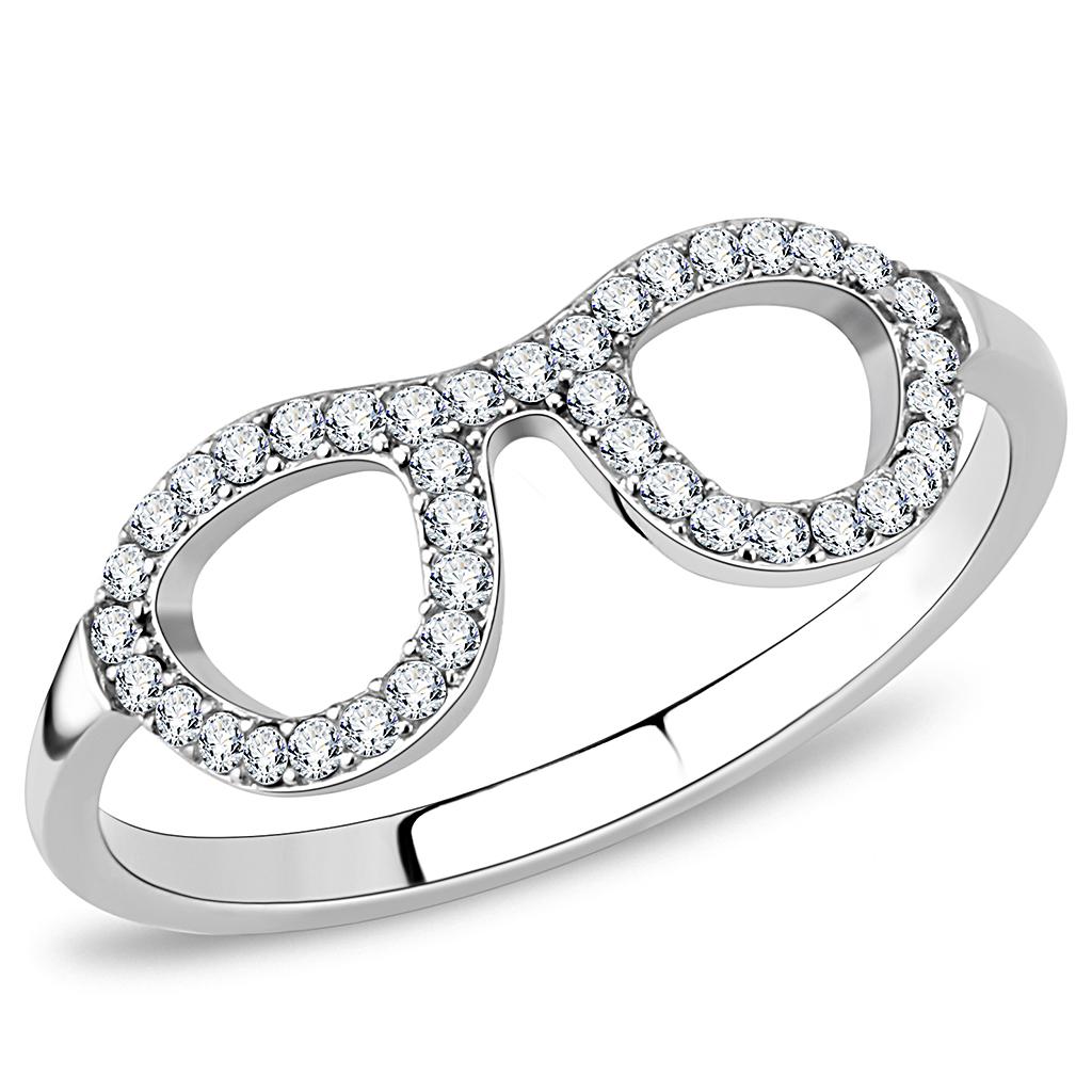 DA055 High Polished Stainless Steel Ring with AAA Grade CZ stones, showcasing a sleek and shiny finish.