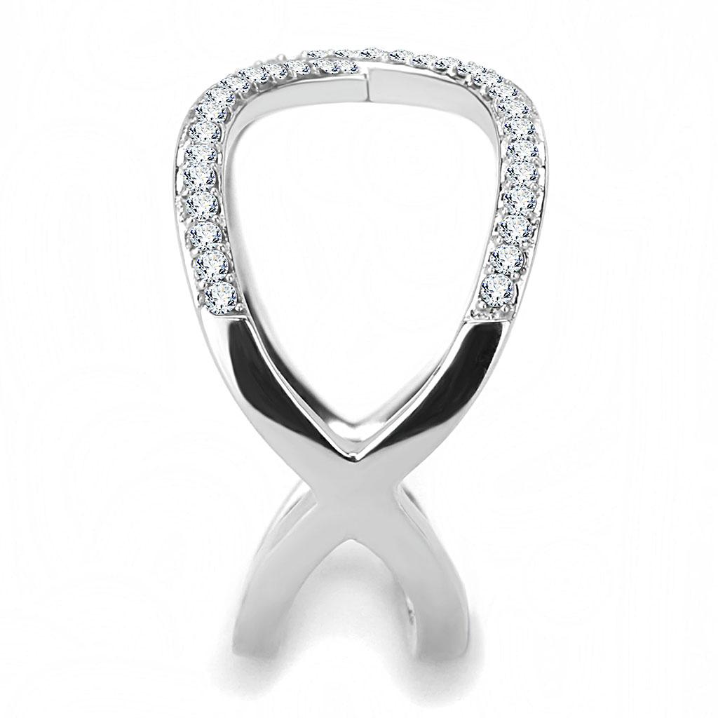 DA058 High Polished Stainless Steel Ring featuring a clear AAA Grade CZ center stone, showcasing its elegant design and shiny finish.