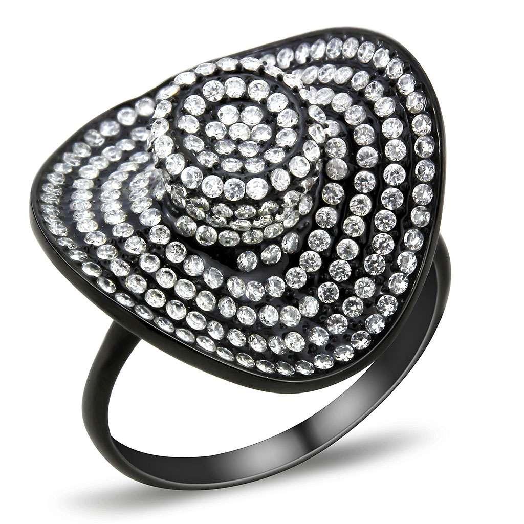 DA128 IP Black Stainless Steel Ring with AAA Grade CZ stones, showcasing a sleek black finish and elegant design.