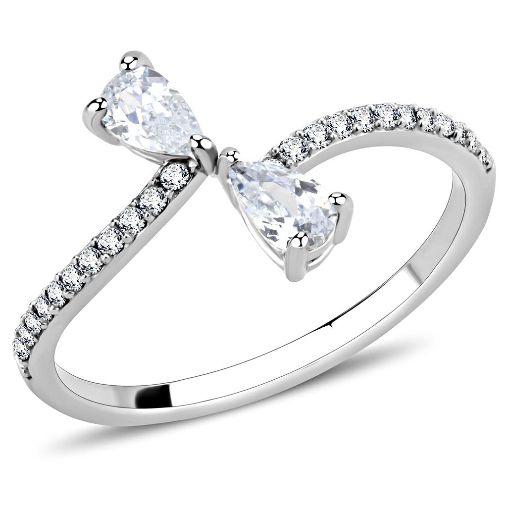 DA139 High Polished Stainless Steel Ring featuring a clear pear-shaped AAA Grade CZ stone, showcasing its elegant design and high polish finish.