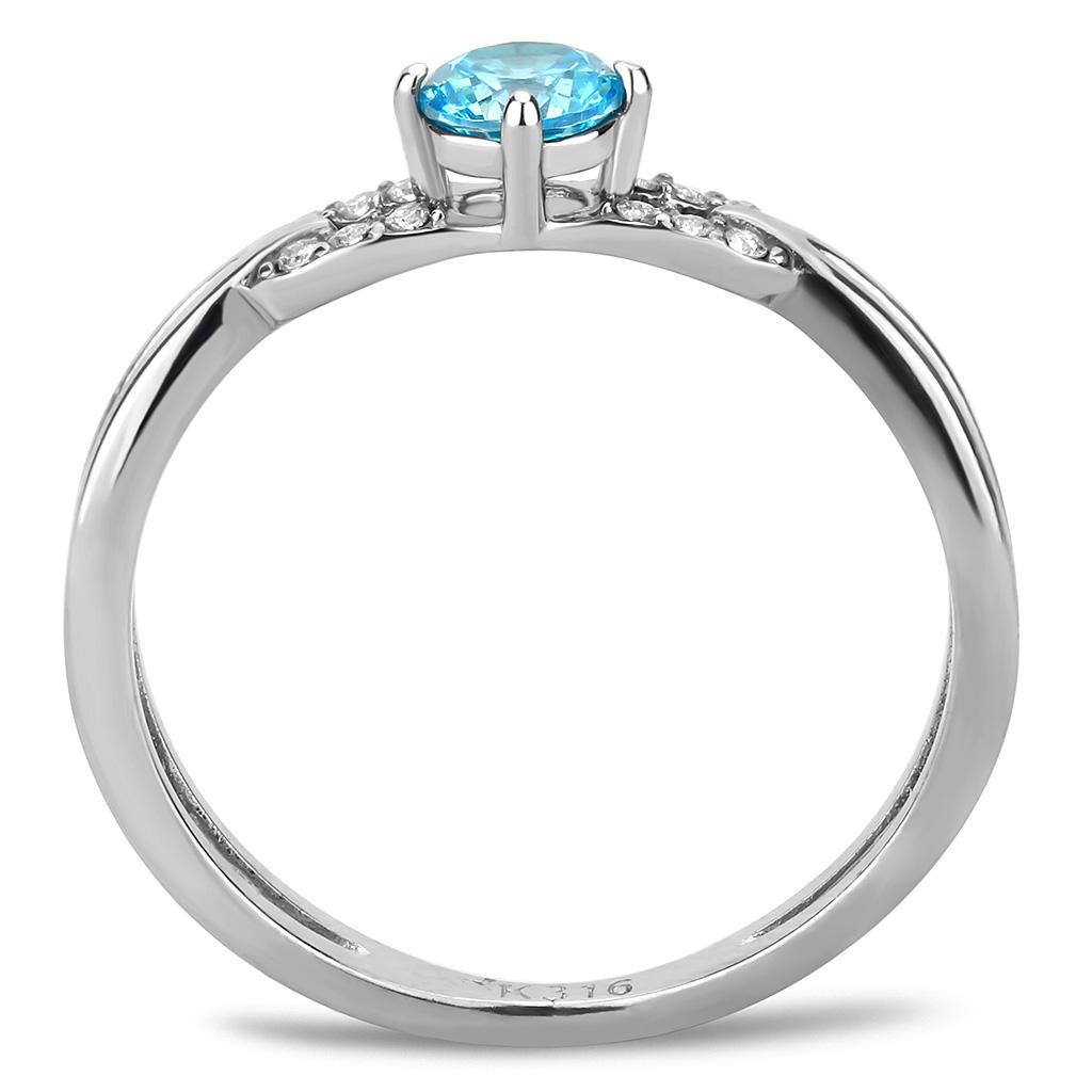 DA116 High Polished Stainless Steel Ring featuring a AAA Grade Sea Blue CZ stone, showcasing its elegant design and high shine finish.