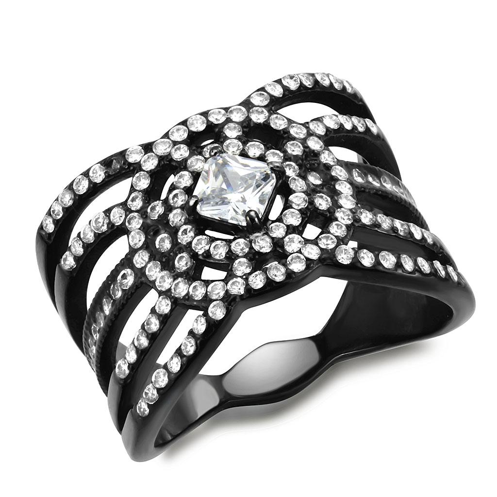 DA363 IP Black Stainless Steel Ring with AAA Grade CZ stone, showcasing a sleek and modern design.